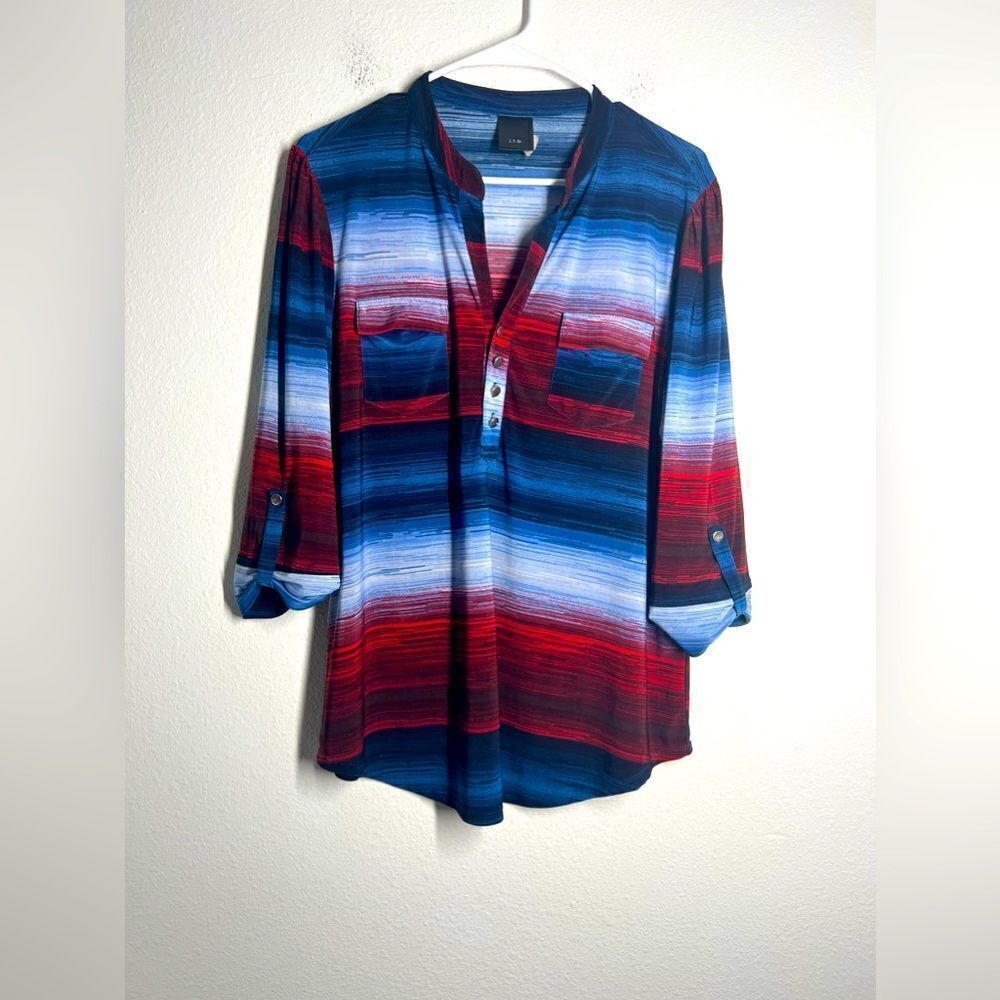 Women's SIze L Chest Blue Multi-color 3/4 Sleeve Pullover Poly Pocket Top JTB